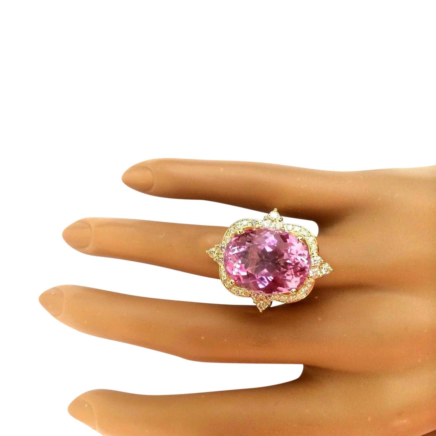 Women's Natural Kunzite Diamond Ring In 14 Karat Solid Yellow Gold For Sale