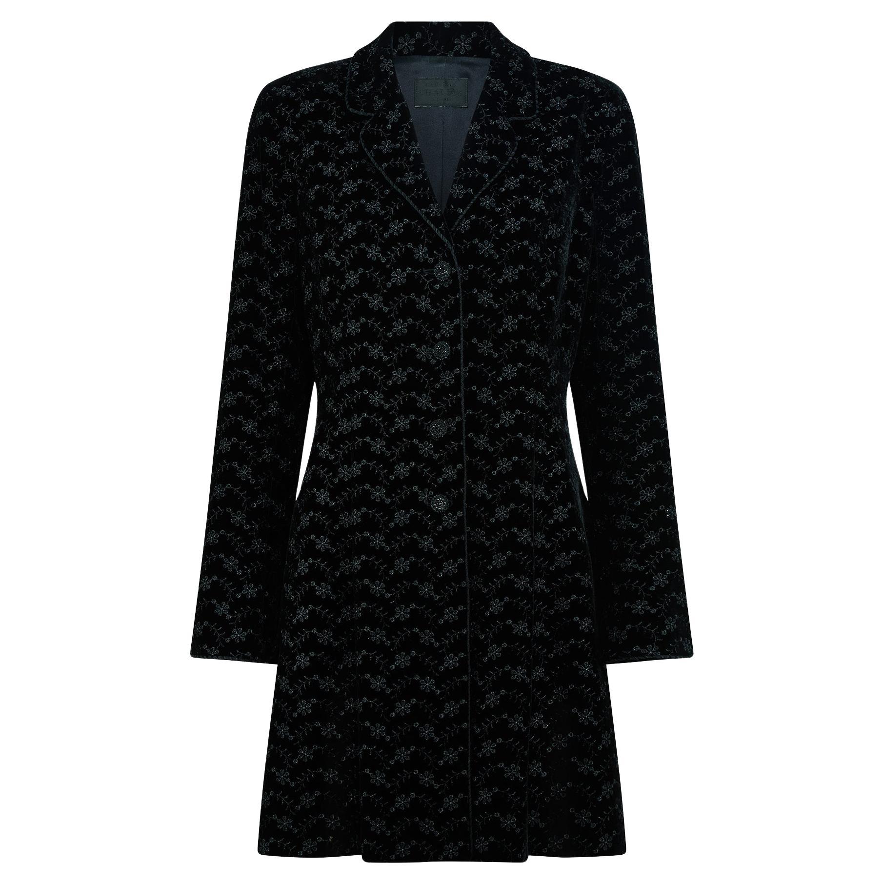 1989 Caroline Charles Documented Black Velvet Long Jacket For Sale