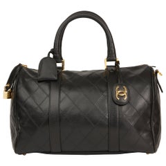 1989 Chanel Black Quilted Lambskin Vintage Boston 35