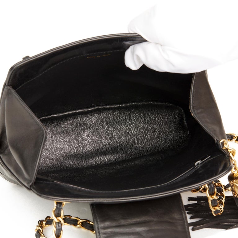 1989 Chanel Black Quilted Lambskin Vintage Timeless Fringe Bucket Bag ...