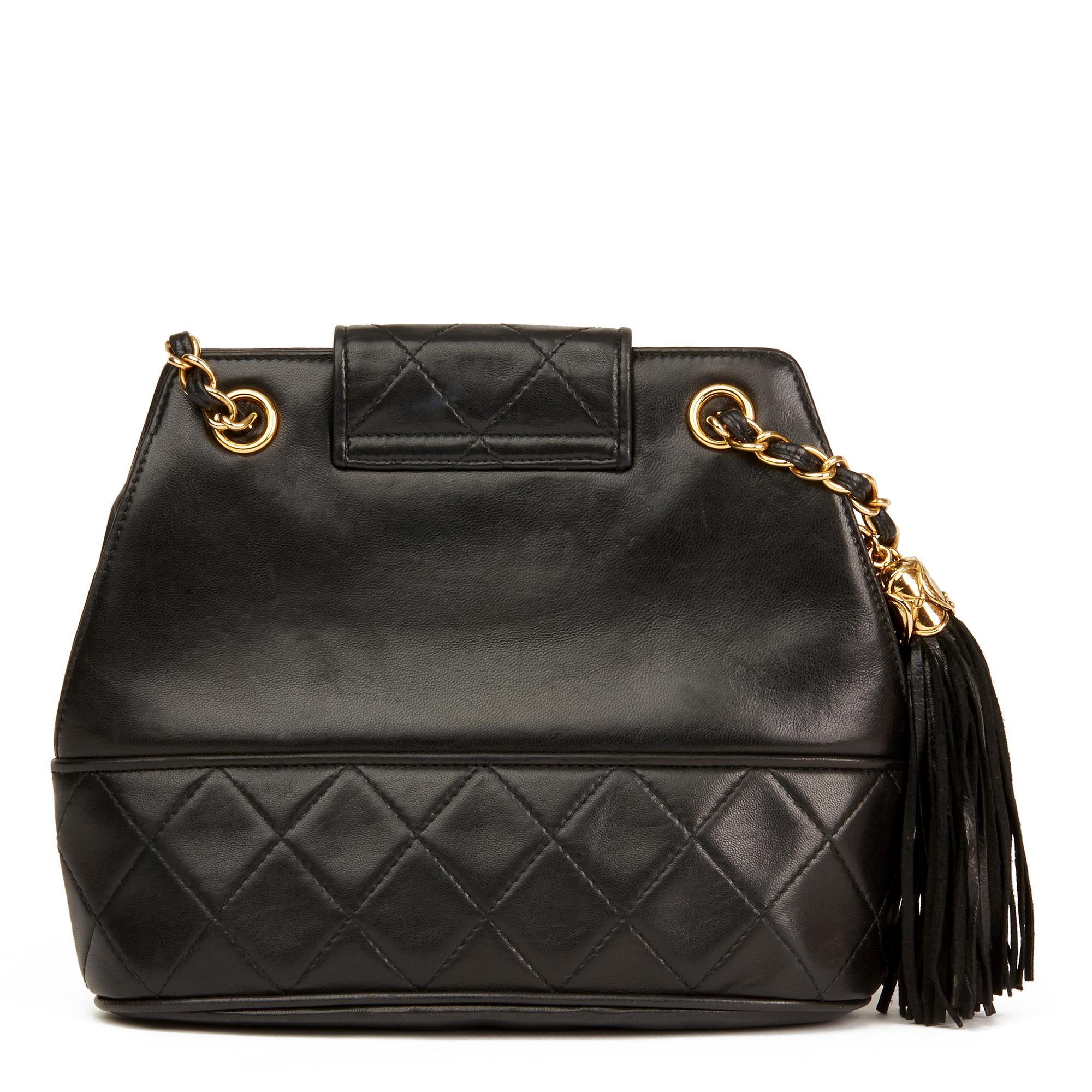 Women's 1989 Chanel Black Quilted Lambskin Vintage Timeless Fringe Bucket Bag