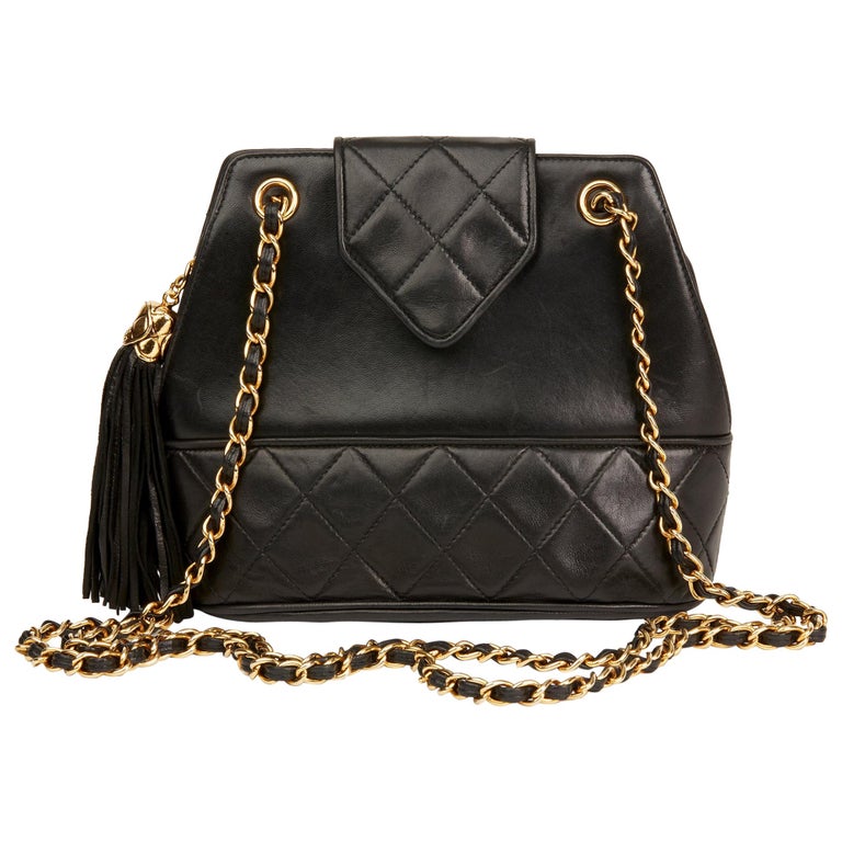1989 Chanel Black Quilted Lambskin Vintage Timeless Fringe Bucket Bag