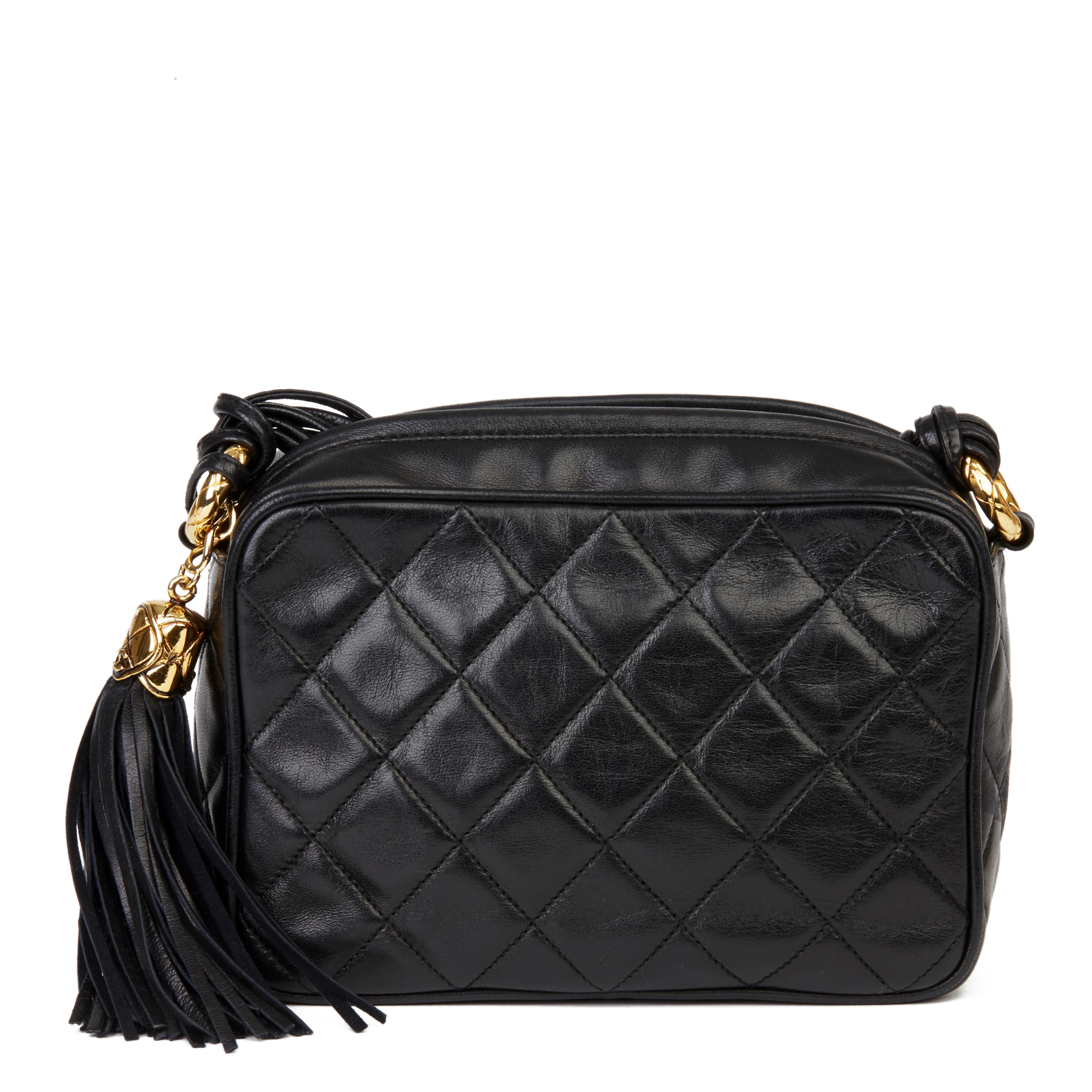 Women's 1989 Chanel Black Quilted Lambskin Vintage Timeless Fringe Camera Bag