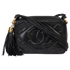 1989 Chanel Black Quilted Lambskin Vintage Timeless Fringe Camera Bag