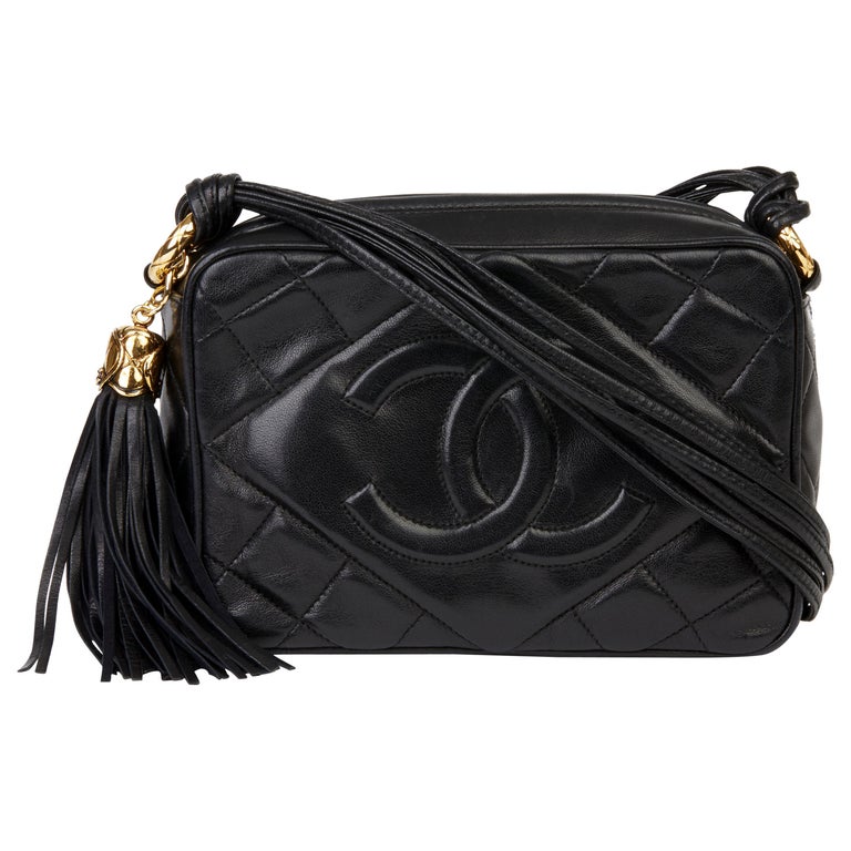 1989 Chanel Black Quilted Lambskin Vintage Timeless Fringe Camera Bag ...