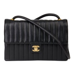 1989 Chanel Black Vertical Quilted Lambskin Retro Classic Single Flap Bag 