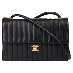 1989 Chanel Black Vertical Quilted Lambskin Vintage Classic Single Flap Bag 