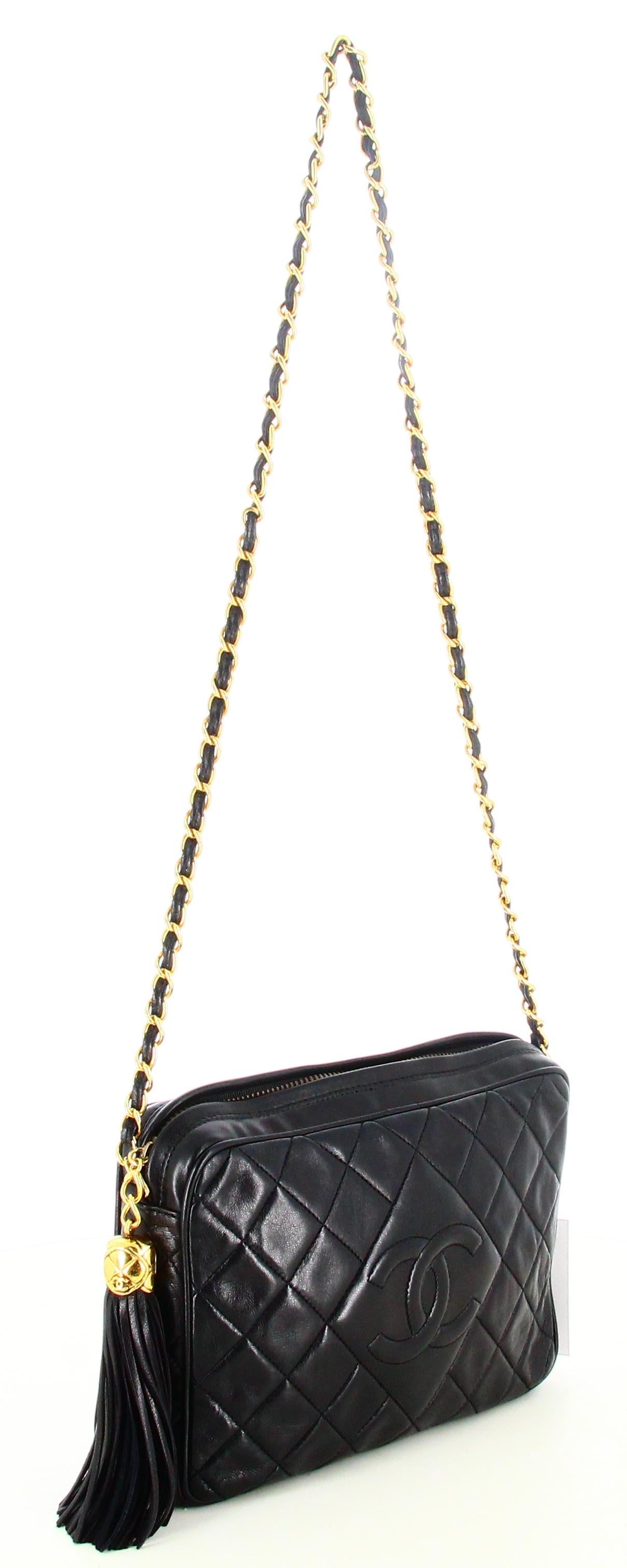 Black 1989 Chanel CC Quilted Lambskin Tassel Camera Bag