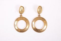 1989 Chanel Dangling Hammered Gold Hoop Earrings Etched w/CC Logo & Crown Motif