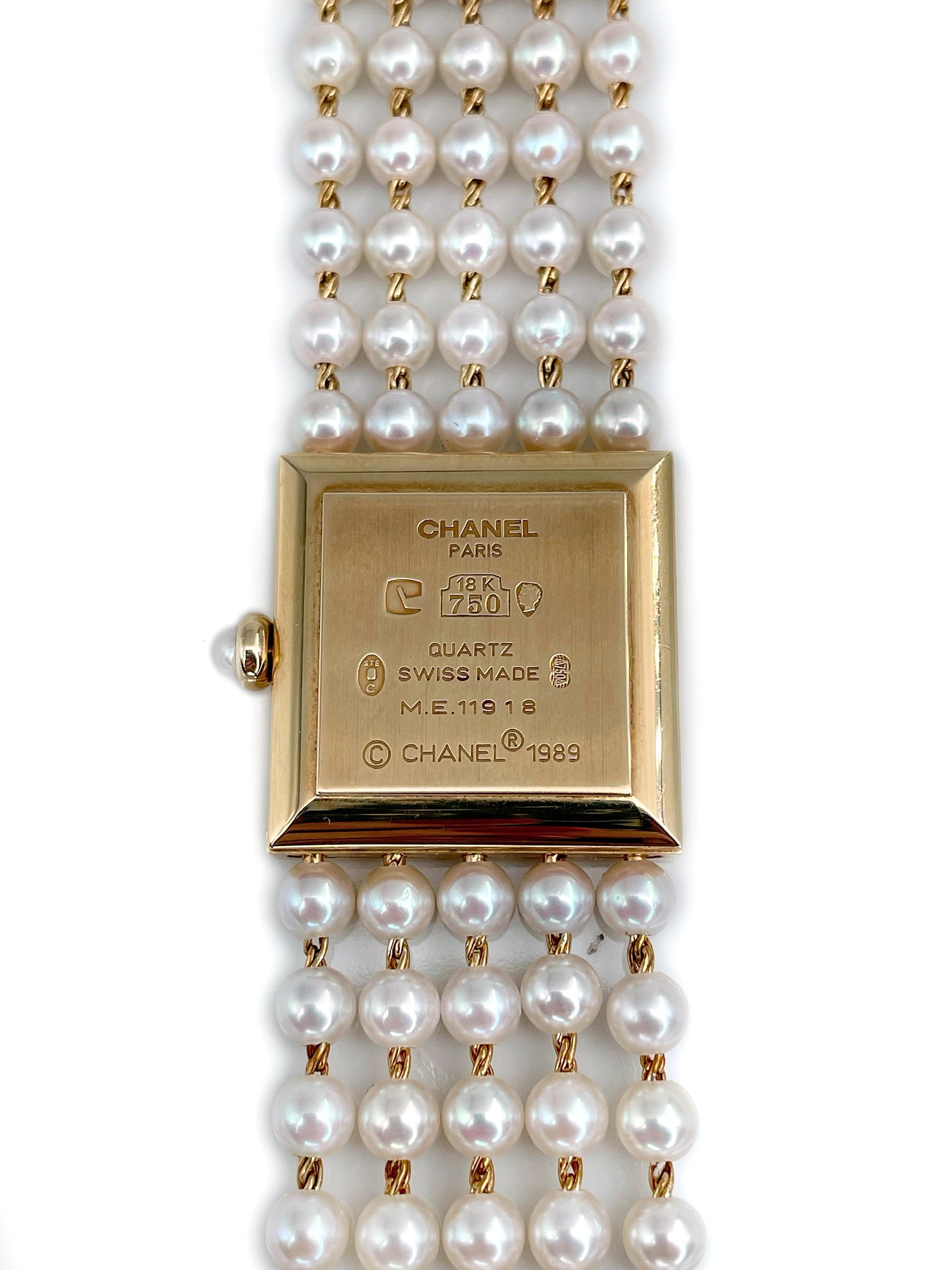 Round Cut 1989 Chanel Mademoiselle 18 Karat Gold Cultured Pearl Quartz Lady Wrist Watch