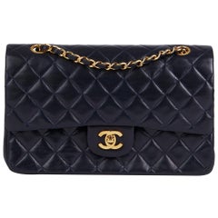 1989 Chanel Navy Quilted Lambskin Vintage Medium Classic Double Flap Bag