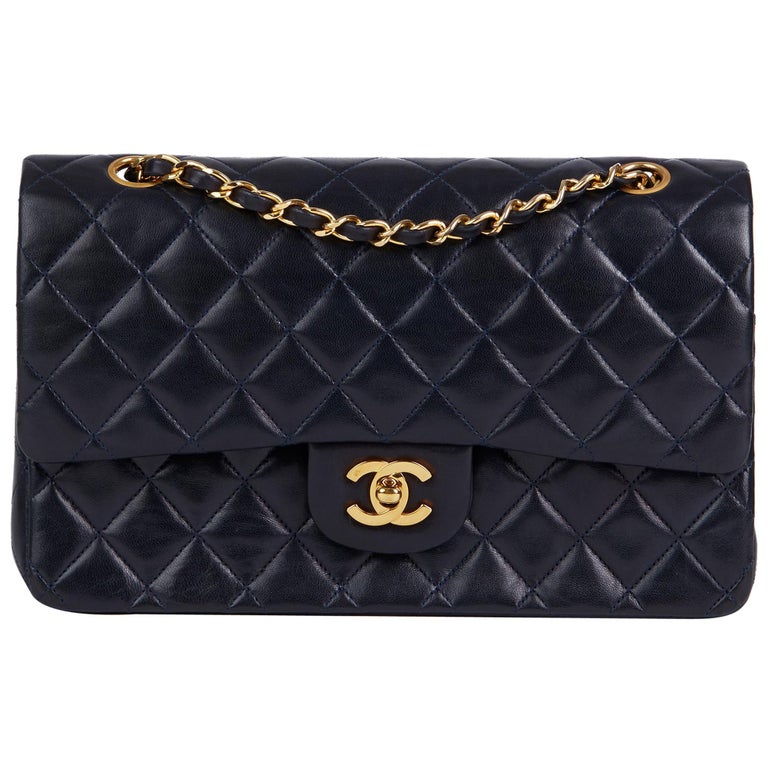 1989 Chanel Navy Quilted Lambskin Vintage Medium Classic Double