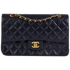 1989 Chanel Navy Quilted Lambskin Vintage Medium Classic Double Flap Bag 