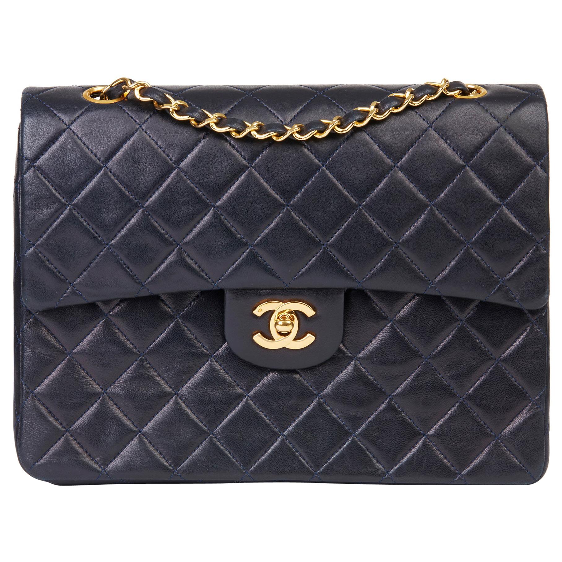 1989 Chanel Navy Quilted Lambskin Vintage Medium Tall Classic Double Flap Bag