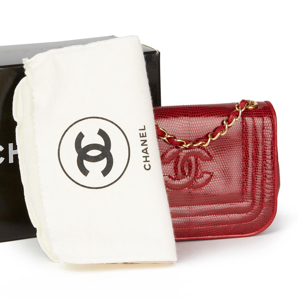 1989 Chanel Red Lizard Leather Vintage Timeless Mini Flap Bag 4