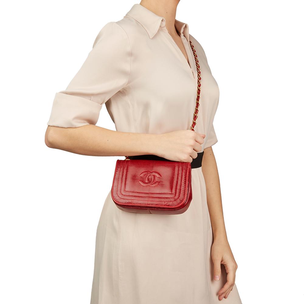 1989 Chanel Red Lizard Leather Vintage Timeless Mini Flap Bag 5