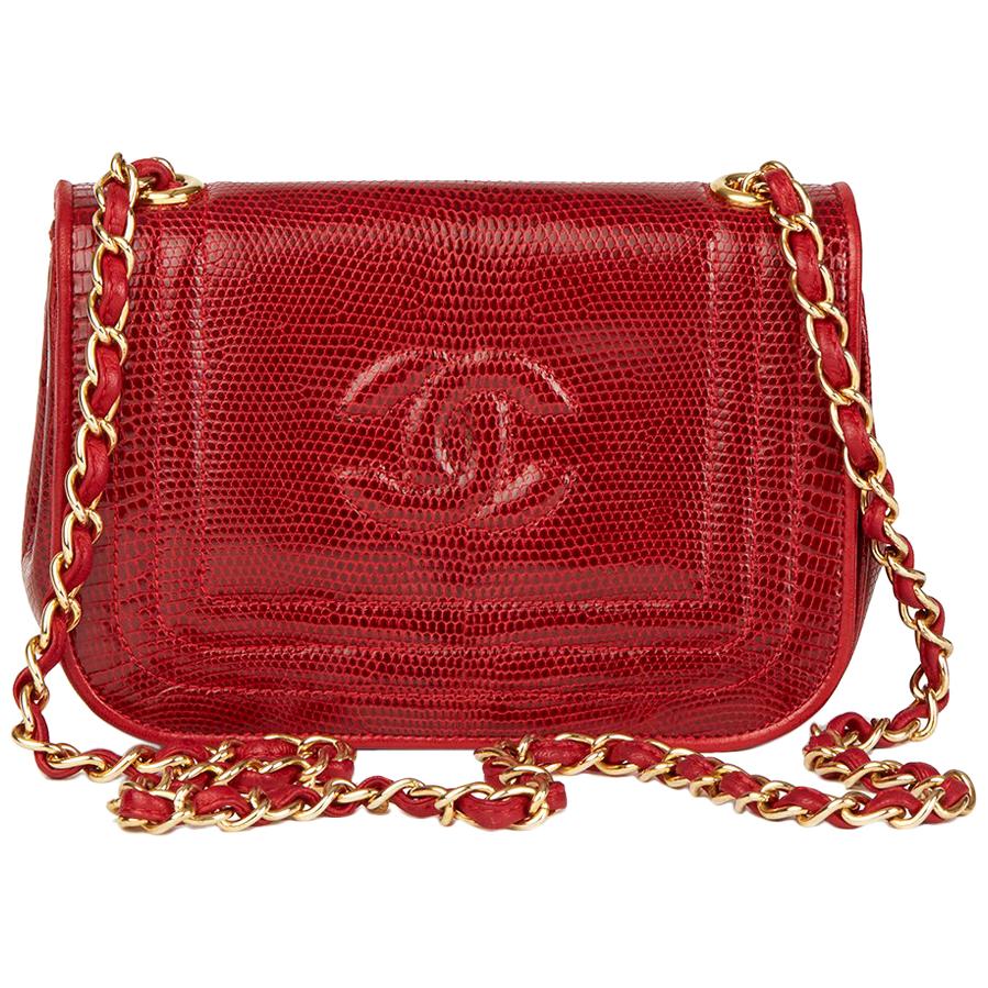 1989 Chanel Red Lizard Leather Vintage Timeless Mini Flap Bag at