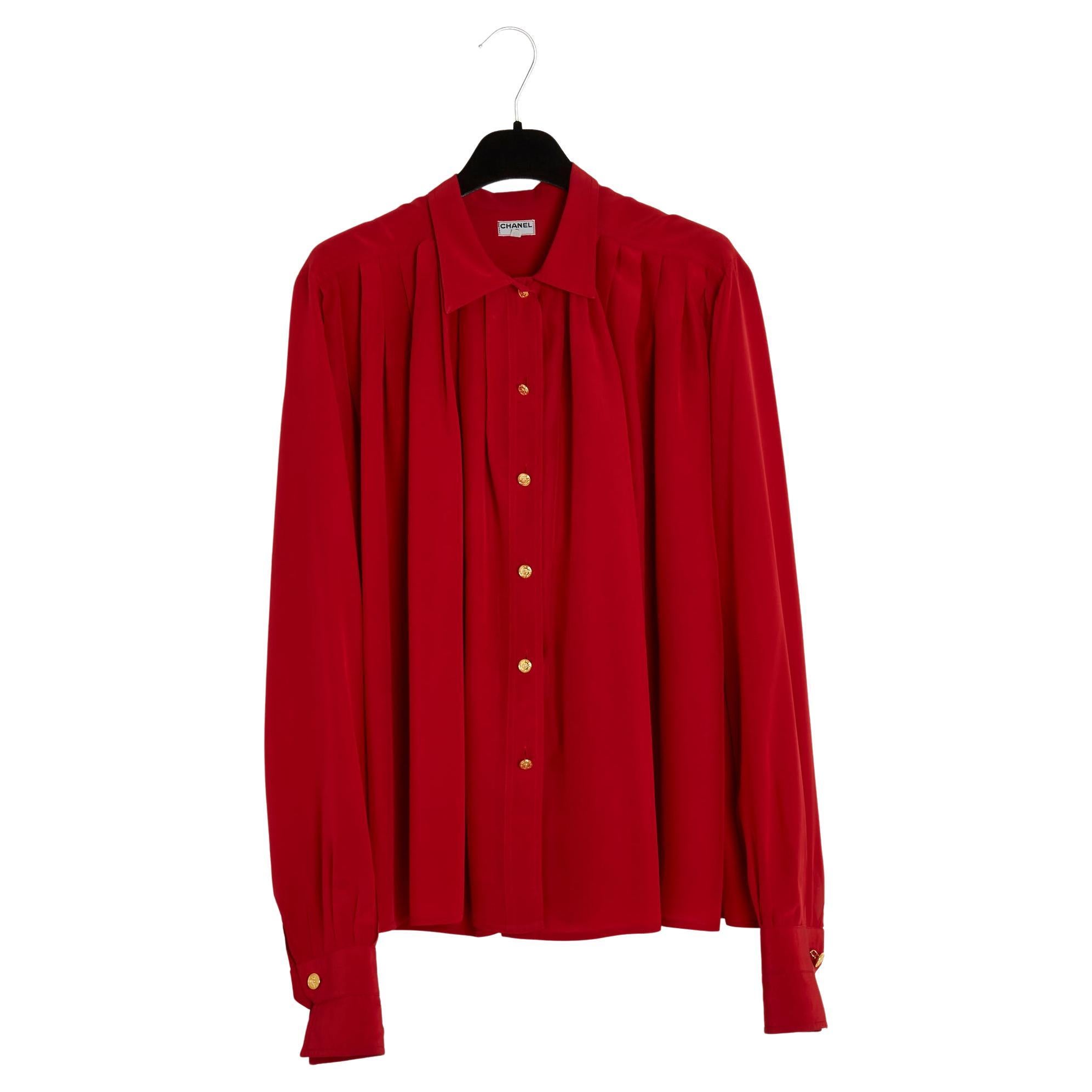 1989 Chanel Red Silk Pleated Blouse FR40 For Sale