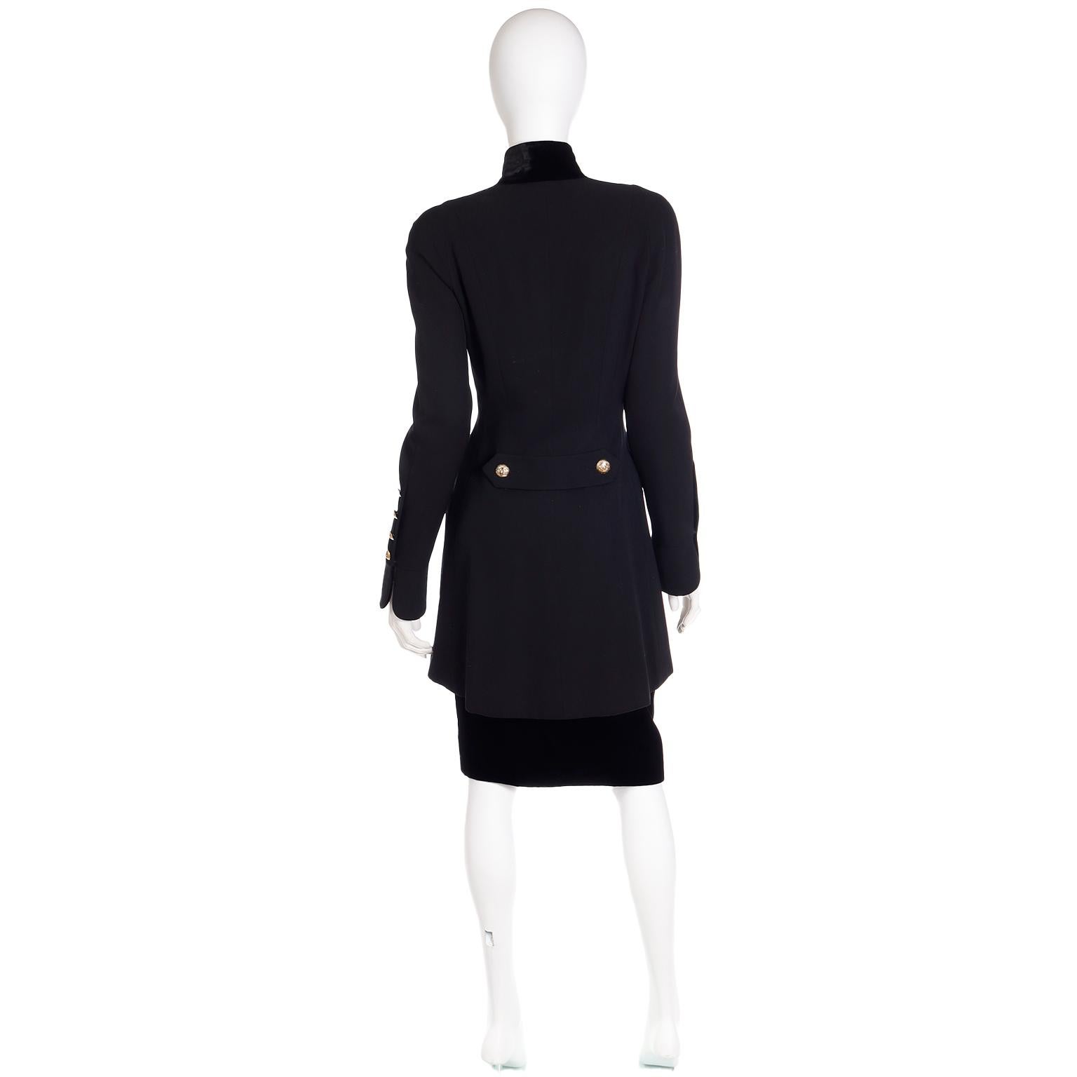 1989 Chanel Vintage Black Wool & Velvet Long Jacket & Skirt Suit CC Buttons 6