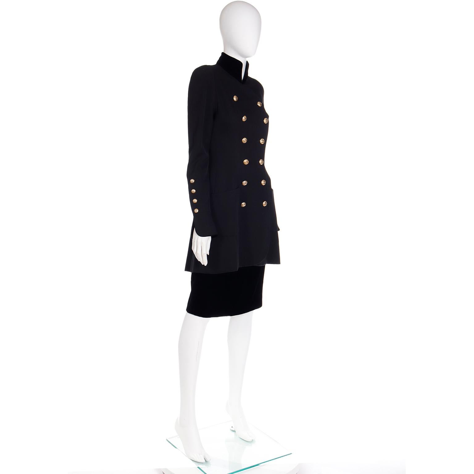 1989 Chanel Vintage Black Wool & Velvet Long Jacket & Skirt Suit CC Buttons 7