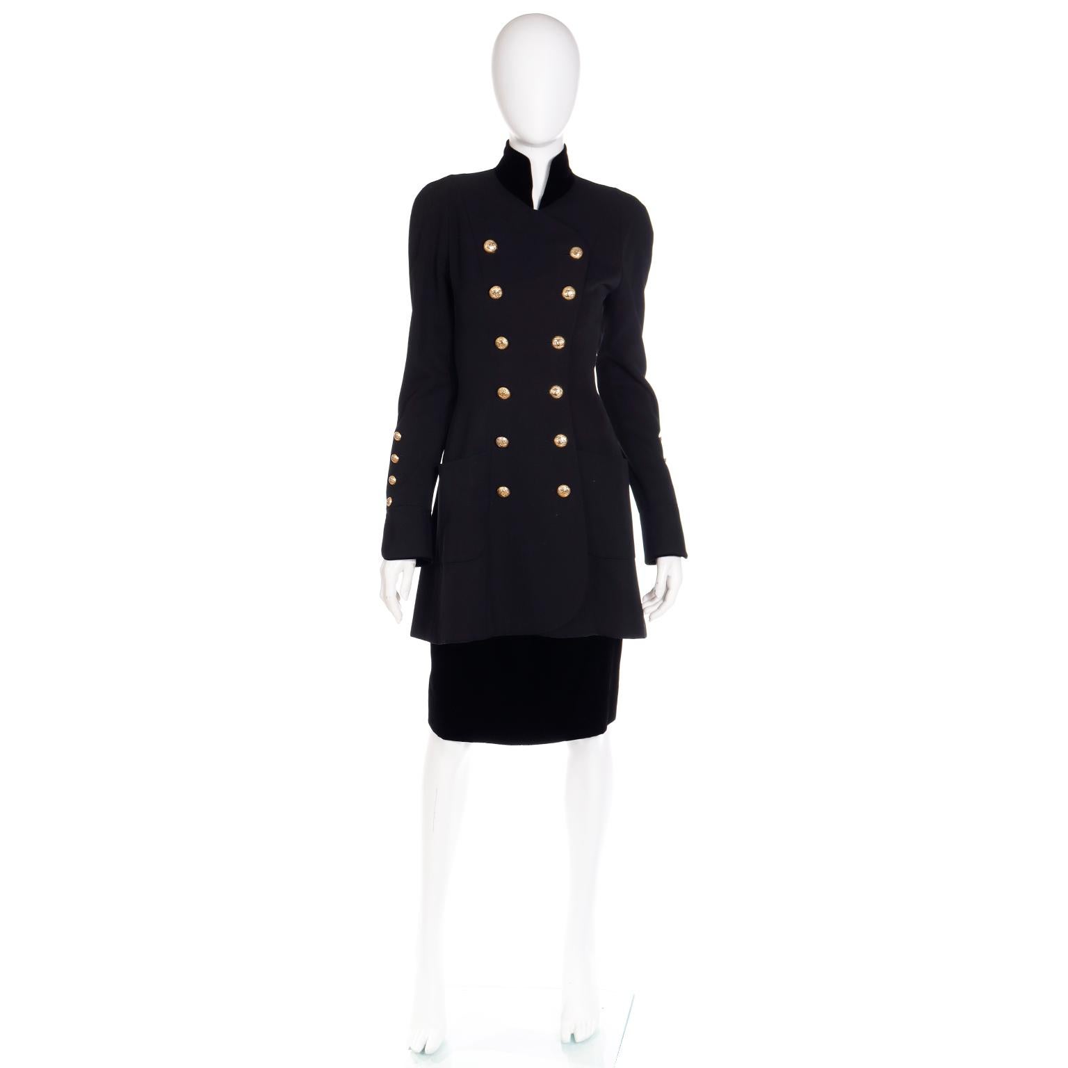 1989 Chanel Vintage Black Wool & Velvet Long Jacket & Skirt Suit CC Buttons 8