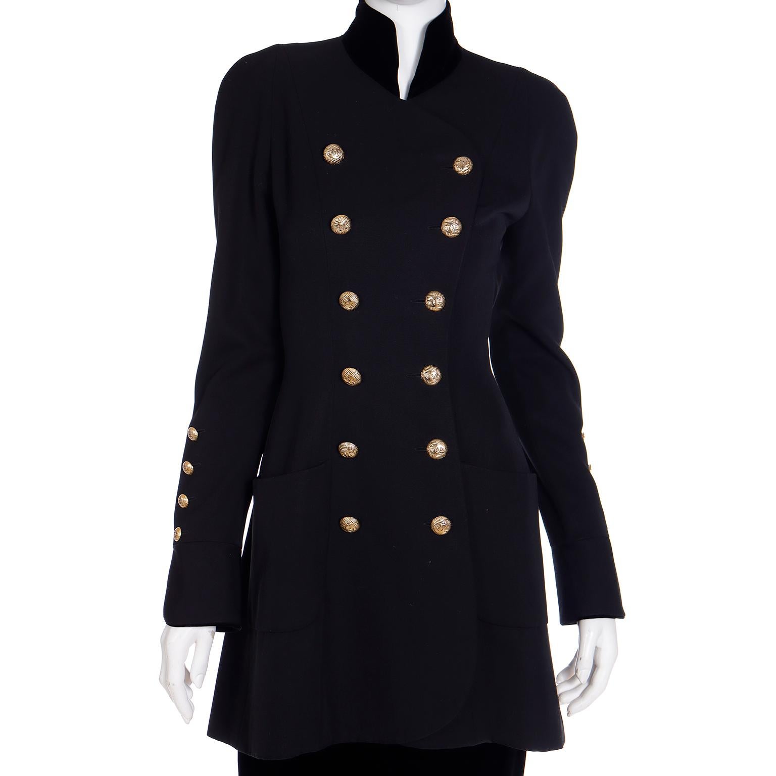 1989 Chanel Vintage Black Wool & Velvet Long Jacket & Skirt Suit CC Buttons 9
