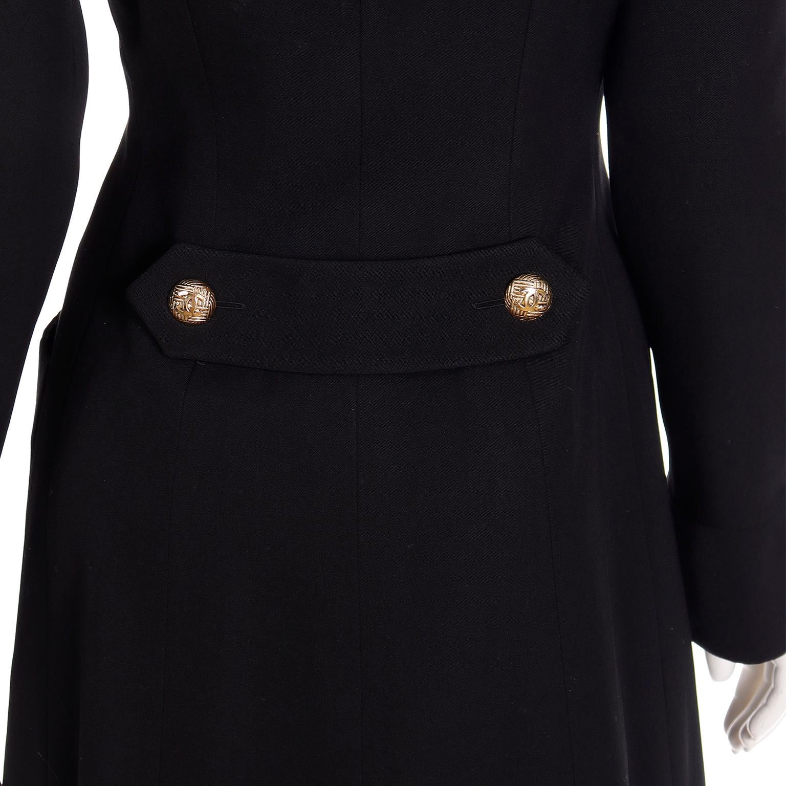 1989 Chanel Vintage Black Wool & Velvet Long Jacket & Skirt Suit CC Buttons 13