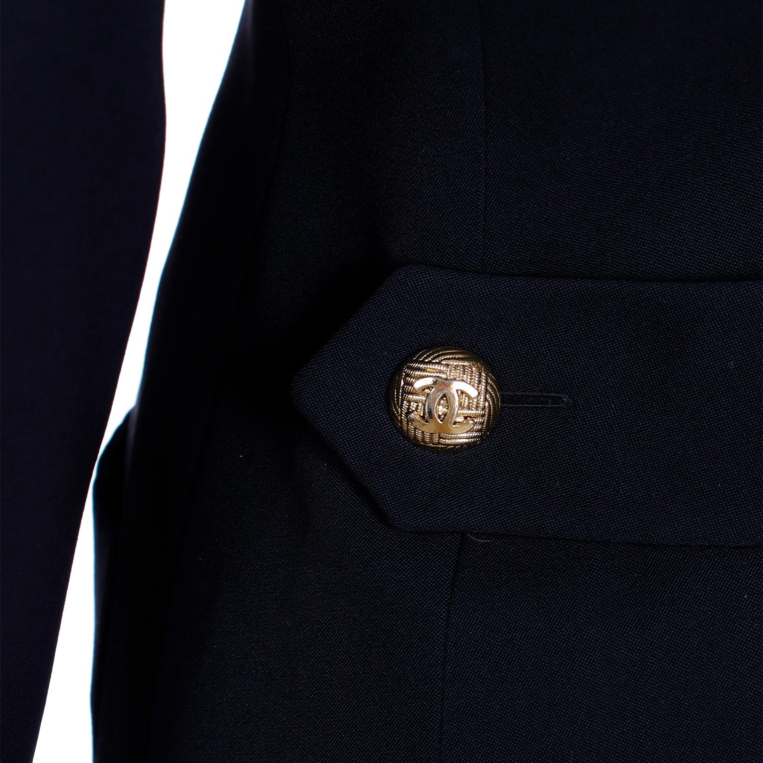 1989 Chanel Vintage Black Wool & Velvet Long Jacket & Skirt Suit CC Buttons 14