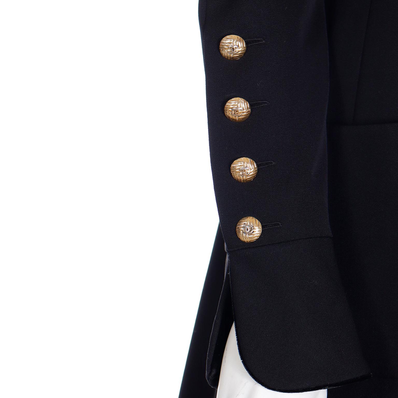 1989 Chanel Vintage Black Wool & Velvet Long Jacket & Skirt Suit CC Buttons 15