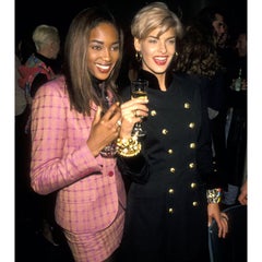 1989 Chanel Vintage Black Wool & Velvet Long Jacket & Skirt Suit CC Buttons