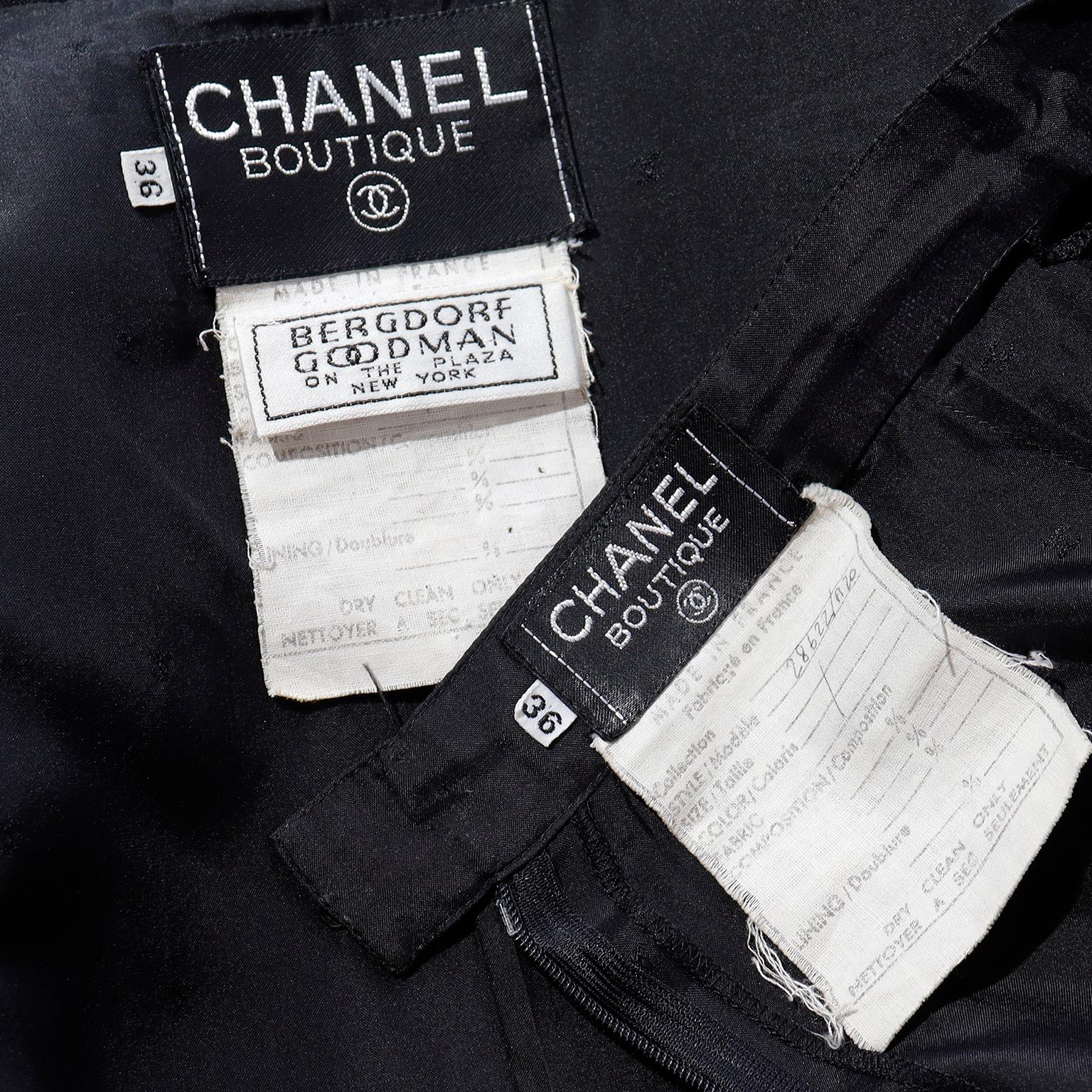 1989 Chanel Vintage Black Wool & Velvet Long Jacket & Skirt Suit CC Buttons 16