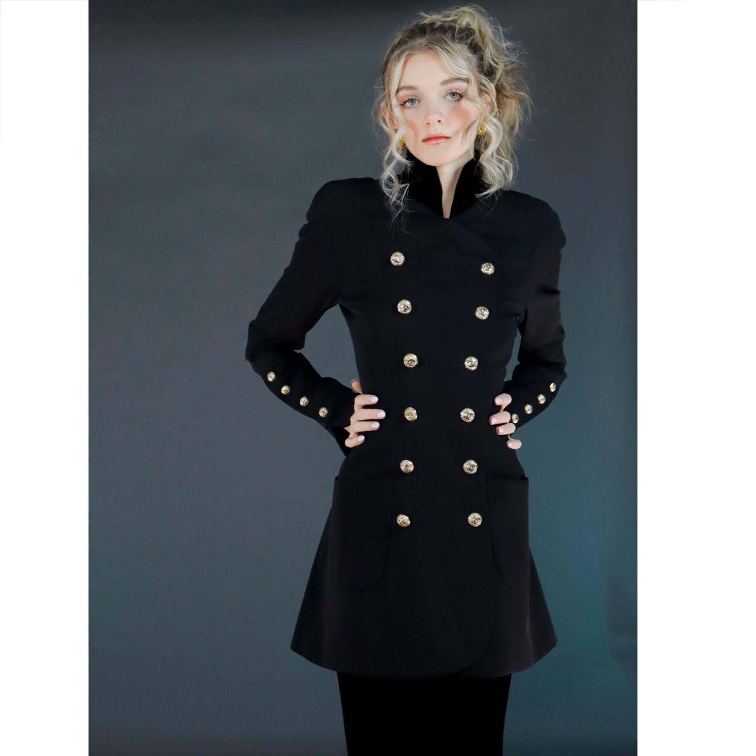 1989 Chanel Vintage Black Wool & Velvet Long Jacket & Skirt Suit CC Buttons In Excellent Condition In Portland, OR