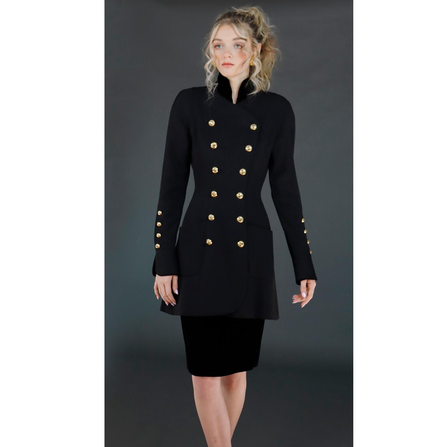 Women's 1989 Chanel Vintage Black Wool & Velvet Long Jacket & Skirt Suit CC Buttons