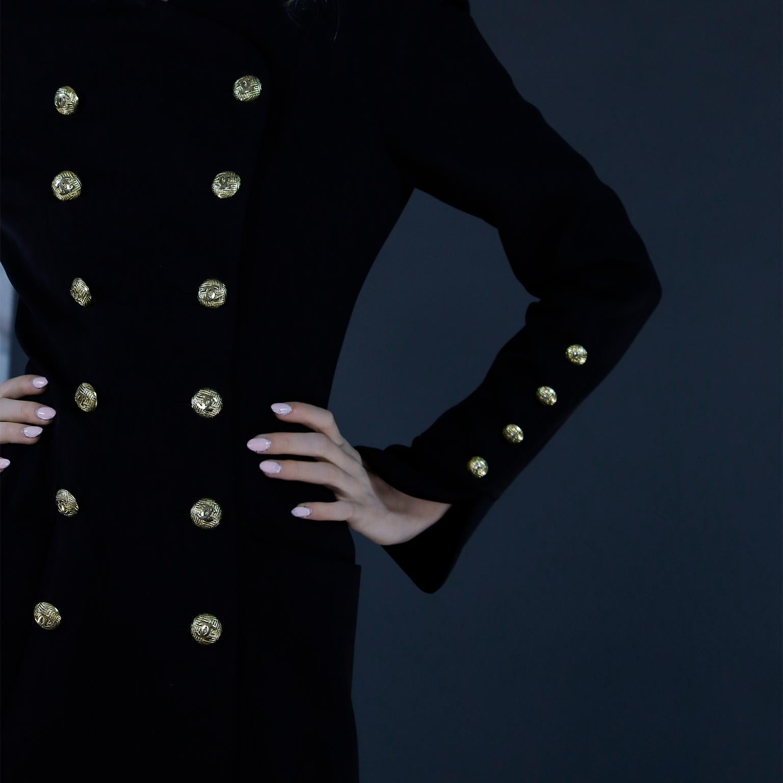 1989 Chanel Vintage Black Wool & Velvet Long Jacket & Skirt Suit CC Buttons 3