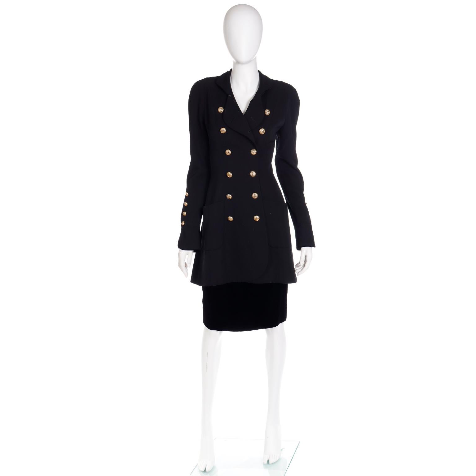 1989 Chanel Vintage Black Wool & Velvet Long Jacket & Skirt Suit CC Buttons 4