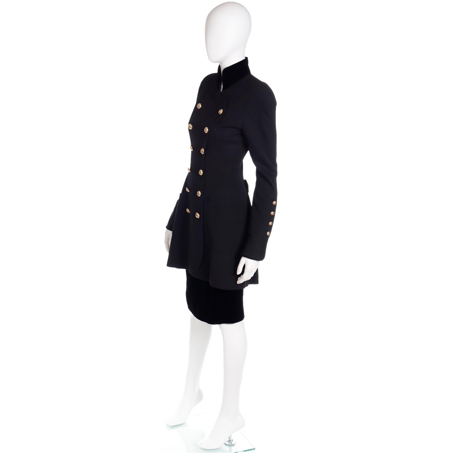 1989 Chanel Vintage Black Wool & Velvet Long Jacket & Skirt Suit CC Buttons 5