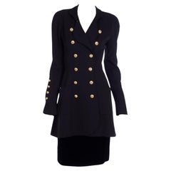1989 Chanel Vintage Black Wool & Velvet Long Jacket & Skirt Suit CC Buttons