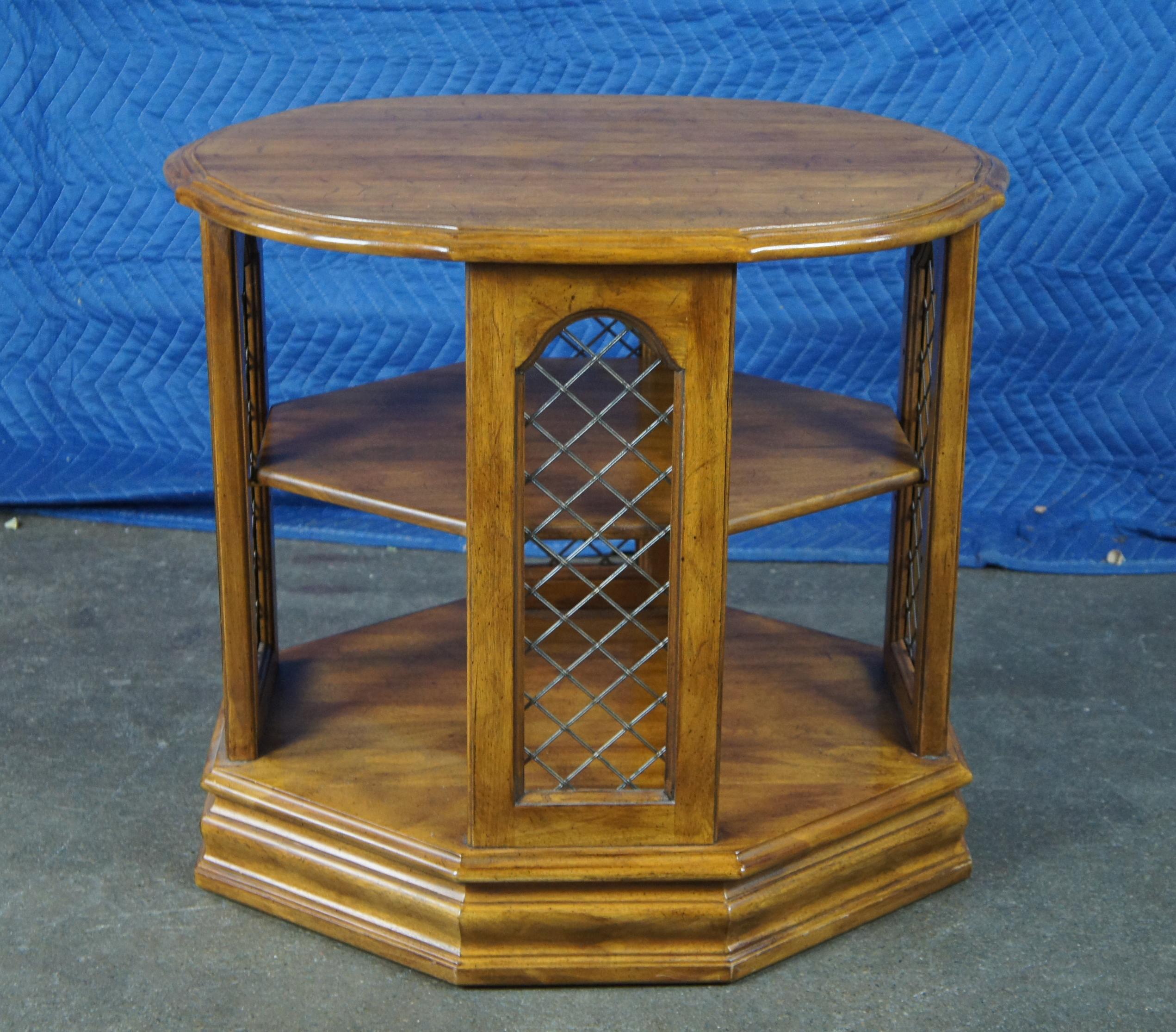 1989 Davis Cabinet Walnut 3 Tiered Octagonal Oval Side End Book Table Lattice 7