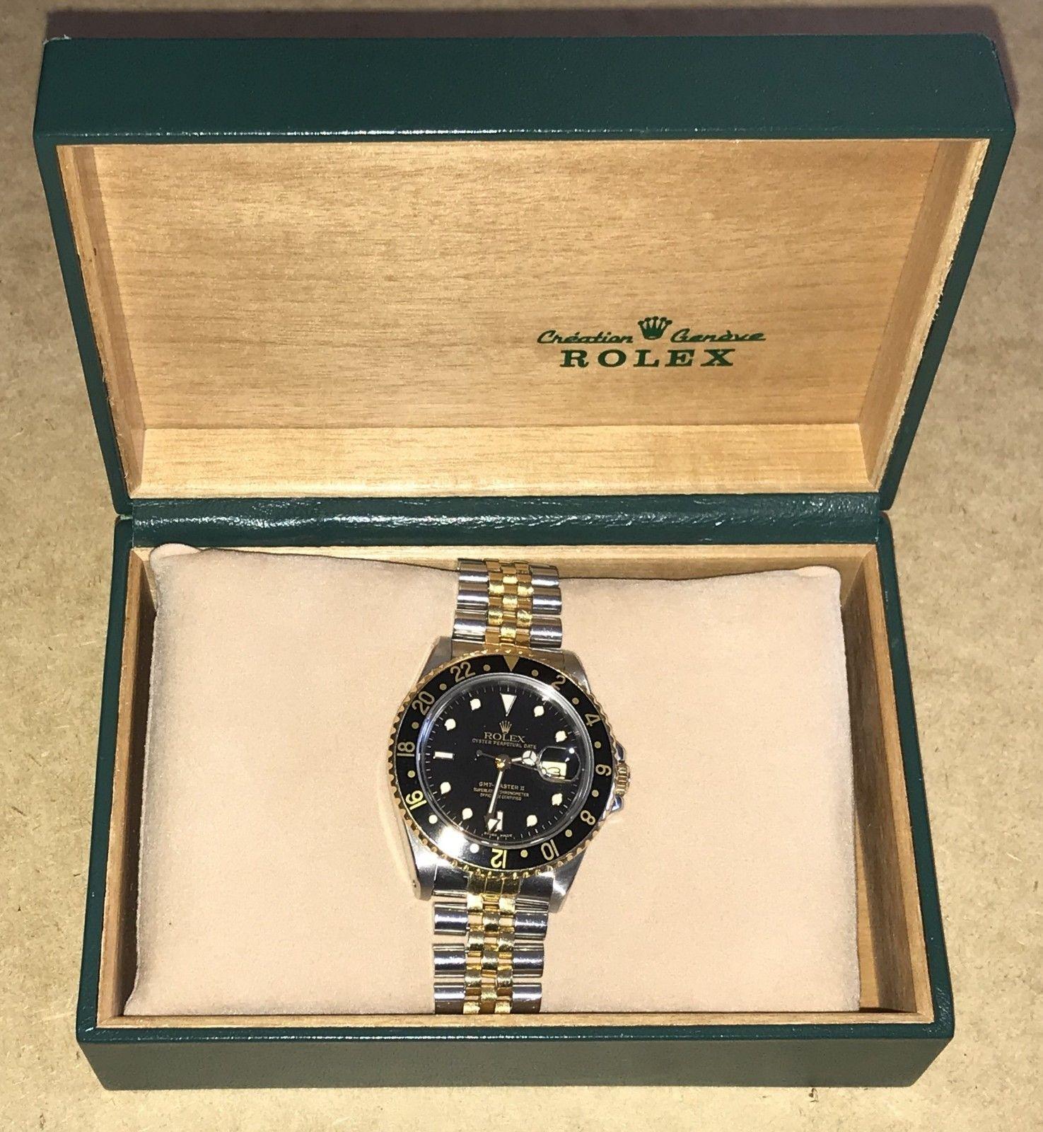 Modern 1989 Full Set Rolex GMT Master II Bi Metal Gold Steel Wristwatch Box Papers Etc For Sale