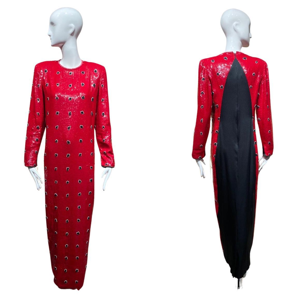 1989 Geoffrey Beene Red and Black Beaded Long Sleeve Dress