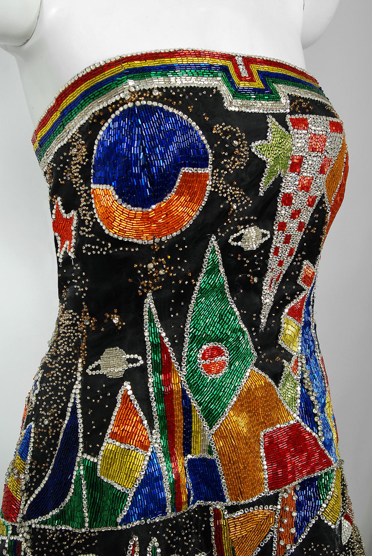Black Archival 1989 Gianni Versace Haute Couture Beaded Circus Novelty Gown and Shawl For Sale