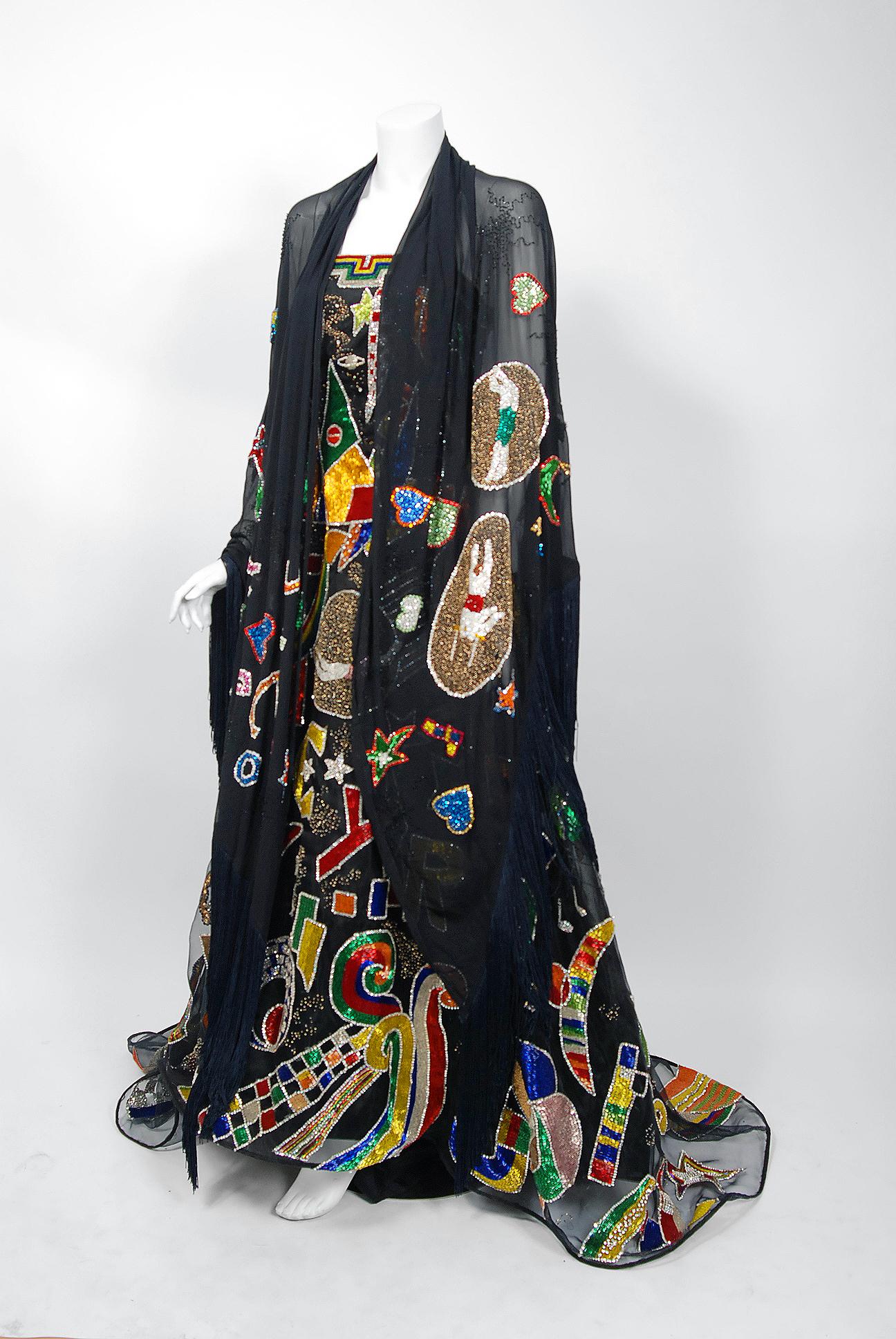 Vintage 1989 Gianni Versace Haute Couture Beaded Circus Novelty Gown and Shawl For Sale 1