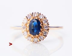 1989 Anello Halo Zaffiro naturale ct Diamanti ctw Oro 18K ØUS6 / 2.4gr