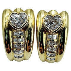 1989 Heart Cut Diamond and Carré Cut Diamond 18K Yellow Gold Omega Back Earrings