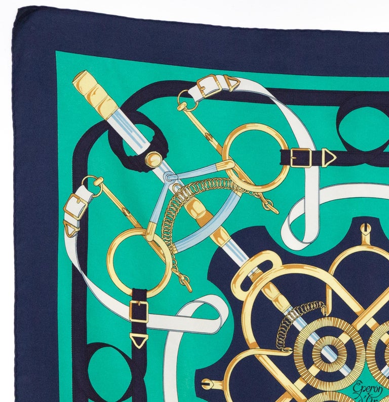 1989 Hermes Green Eperon d' Or by Henri d Origny Silk Scarf For Sale at ...