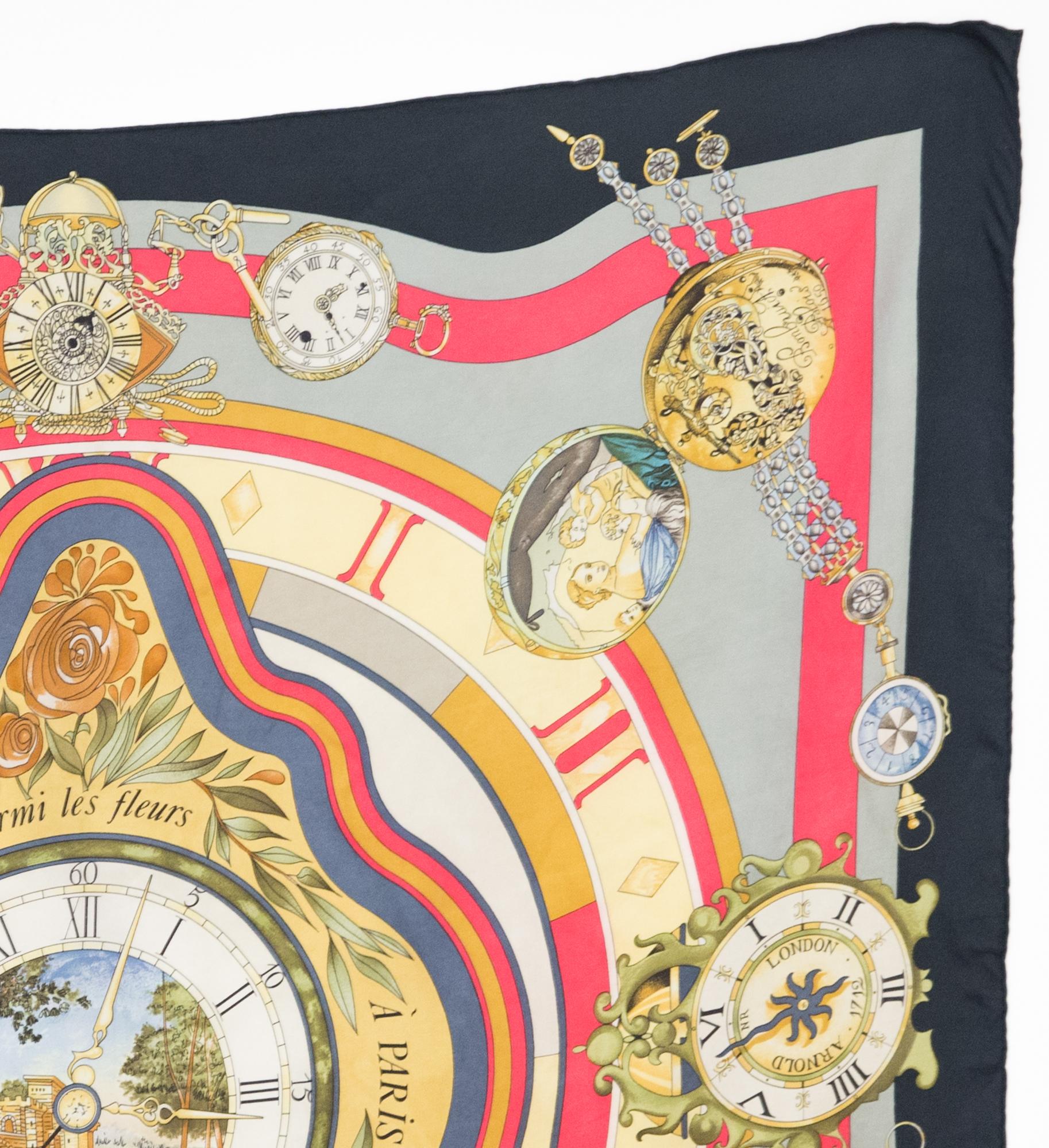 1989 Hermes La Ronde Des Heures by L. Dubigeon Silk Scarf In Good Condition For Sale In Paris, FR
