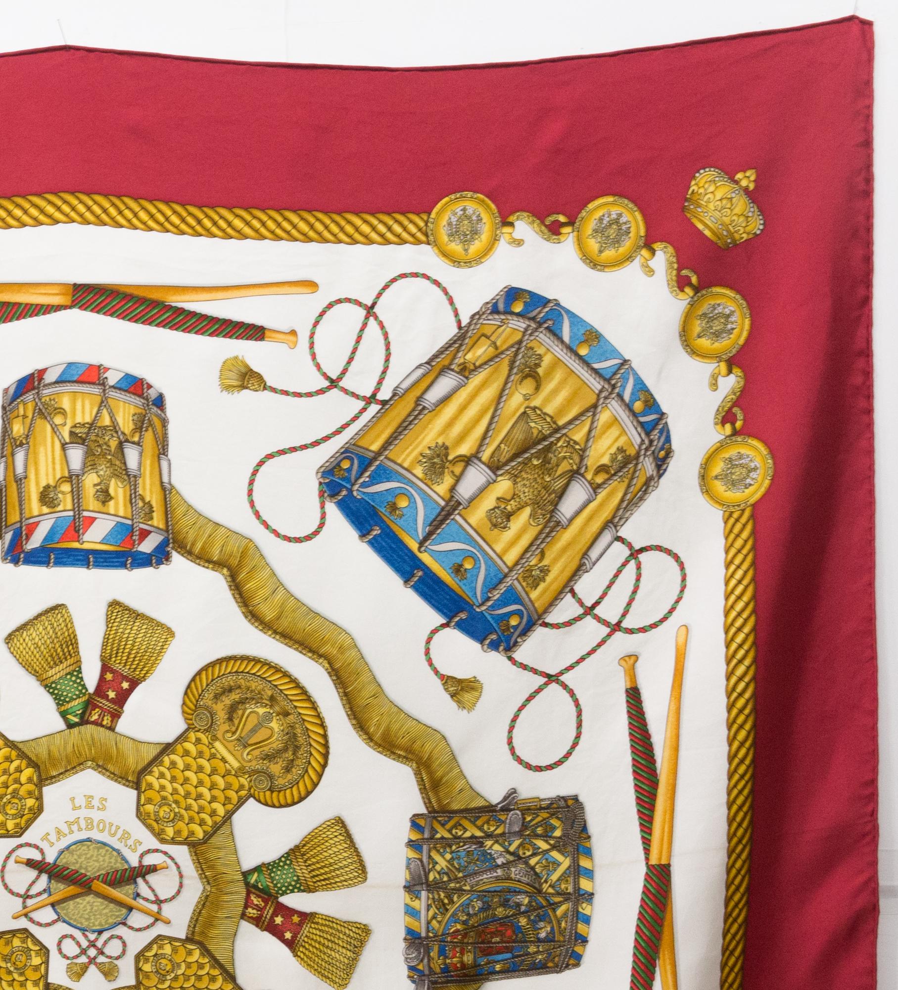 1989 Hermes Les Tambours by Joachim Metz Silk Scarf In Good Condition For Sale In Paris, FR