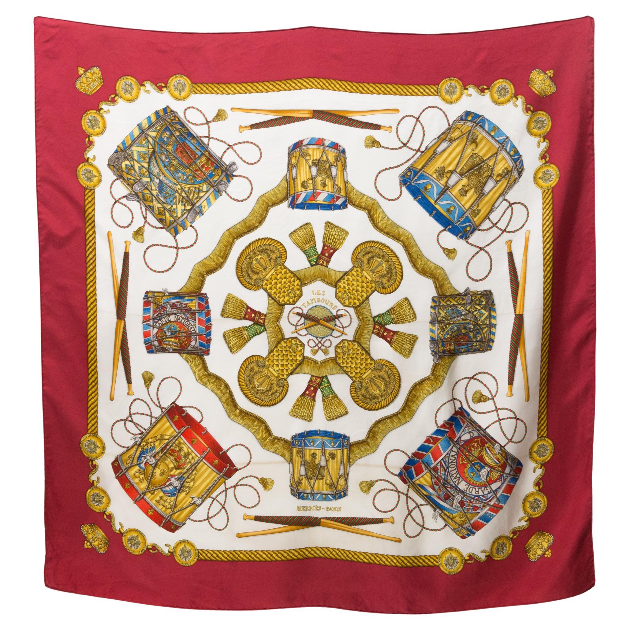 1989 Hermes Les Tambours by Joachim Metz Silk Scarf For Sale
