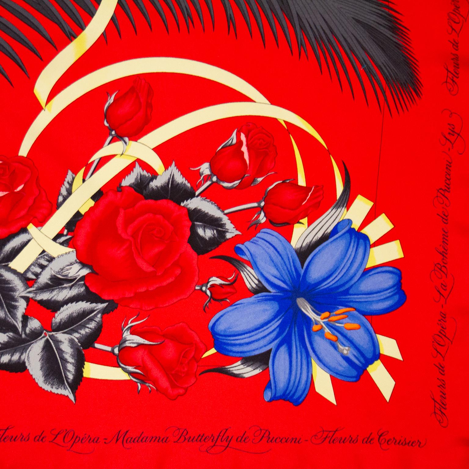 1989 Hermes Red 'Fleurs de L'Opera' Silk Scarf  In Good Condition In Toronto, Ontario