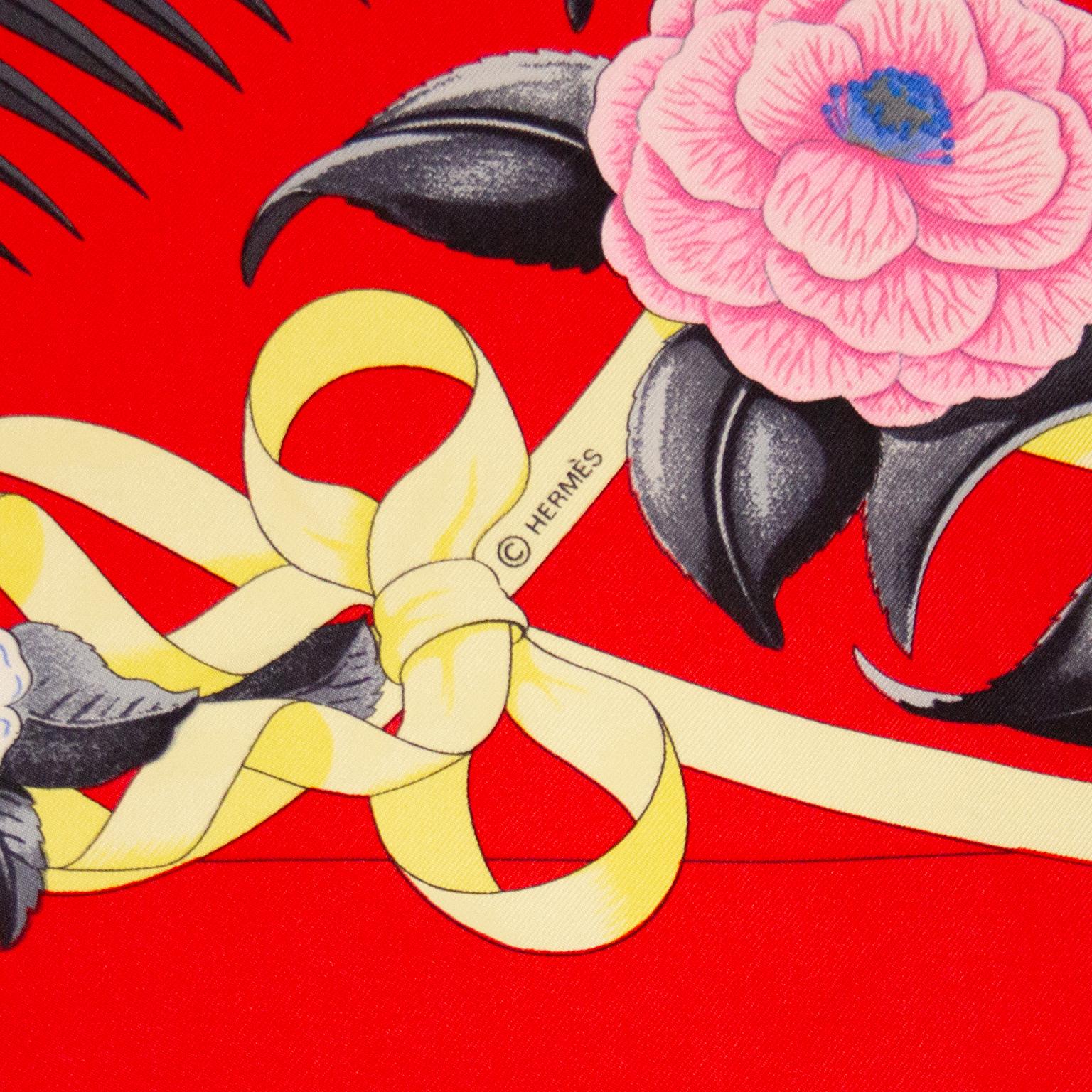 1989 Hermes Red 'Fleurs de L'Opera' Silk Scarf  1